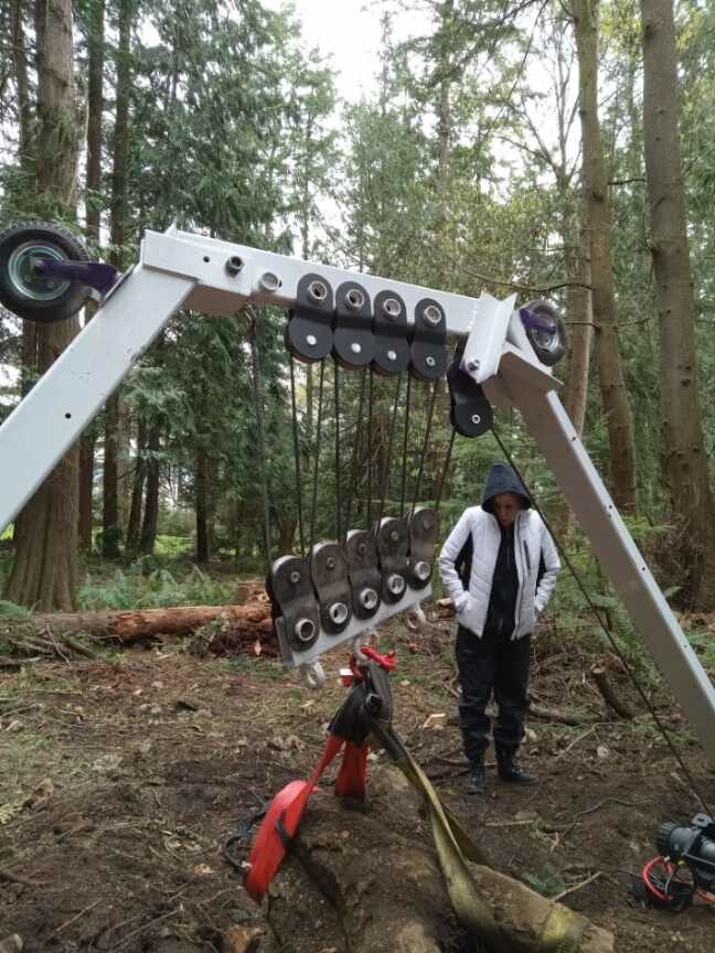 Full custom-built white steel stump pulling frame and pulley assembly